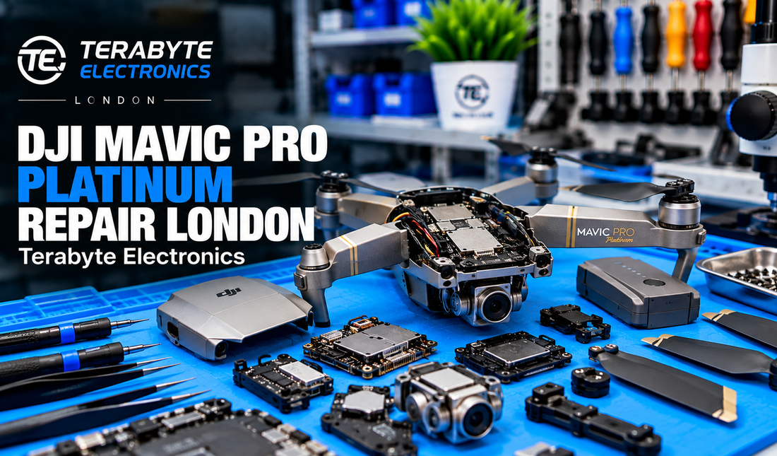 DJI Mavic Pro Platinum disassembled for internal hardware assessment on a repair bench at Terabyte Electronics London