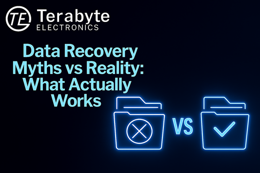 Data Recovery Myths vs Reality: What Actually Works – Terabyte Electronics blog cover showing neon folder icons with cross and check symbols, representing data loss myths and recovery truths on a dark tech-themed background.