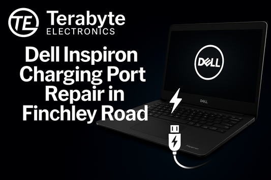 Dell Inspiron laptop with charging cable and lightning icon – Terabyte Electronics blog image for 'Dell Inspiron Charging Port Repair in Finchley Road'.