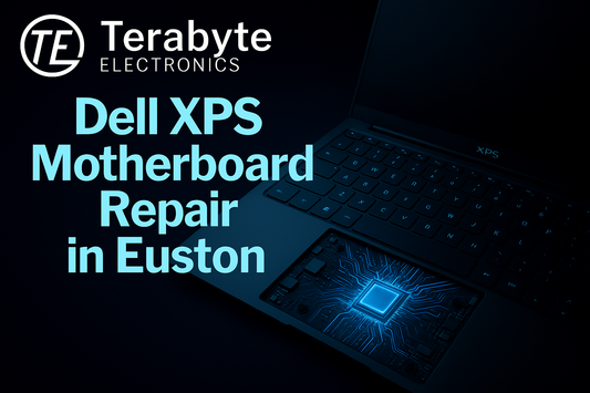 Dell XPS Motherboard Repair in Euston – Terabyte Electronics showcasing a Dell XPS laptop with glowing blue motherboard graphics on a dark tech background.