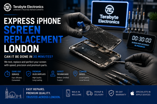 Express iPhone screen replacement diagnostic layout on a professional repair lab workbench in London