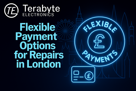 Flexible payment options for electronics repair in London by Terabyte Electronics – neon pound symbol, payment card icon, and London skyline in background.