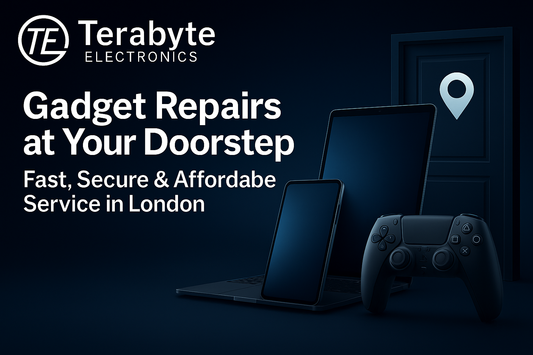 Terabyte Electronics doorstep gadget repair service image featuring smartphone, tablet, laptop, and gaming controller with a location pin and dark premium tech background.