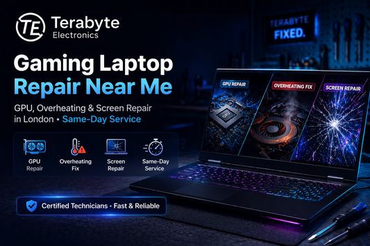 Gaming laptop repair near me in London – GPU repair, overheating fix and screen repair services with same-day support by Terabyte Electronics