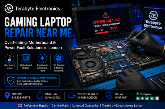 Professional technician inspecting an opened gaming laptop motherboard displaying a CPU overheating warning on screen during a diagnostic repair at Terabyte Electronics London.