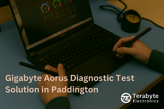 Technician performing Gigabyte Aorus diagnostic test solution in Paddington at Terabyte Electronics repair center.