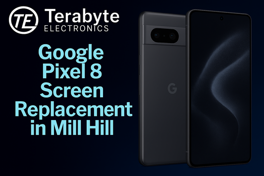 Google Pixel 8 Screen Replacement in Mill Hill – Terabyte Electronics professional phone repair service featuring sleek Pixel 8 device on dark tech background with glowing blue tones.