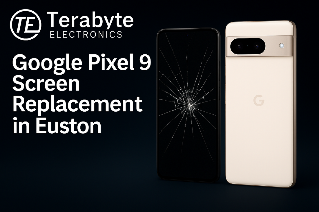 Google Pixel 9 screen replacement in Euston – Terabyte Electronics dark-mode promo image showing a cracked Pixel 9 display next to a pristine rear view of the phone.