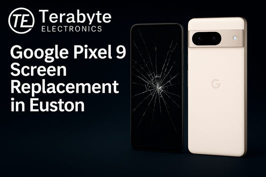 Google Pixel 9 screen replacement in Euston – Terabyte Electronics dark-mode promo image showing a cracked Pixel 9 display next to a pristine rear view of the phone.