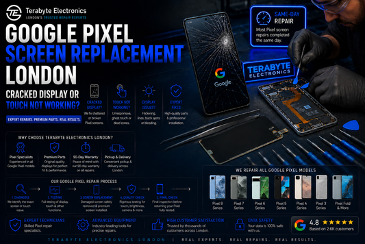 An electronics specialist using precise alignment tools and anti-static suction wedges to safely install a factory-grade OLED display screen replacement on an open Google Pixel smartphone chassis.