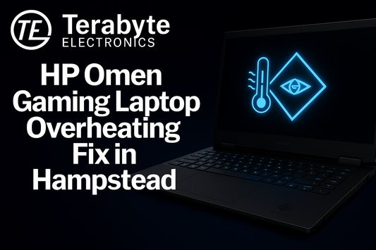 HP Omen gaming laptop with glowing blue temperature icon representing overheating repair – Terabyte Electronics blog image for ‘HP Omen Gaming Laptop Overheating Fix in Hampstead’.