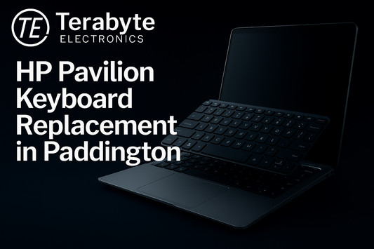HP Pavilion keyboard replacement in Paddington – Terabyte Electronics blog image showing a laptop with the keyboard lifted for repair.