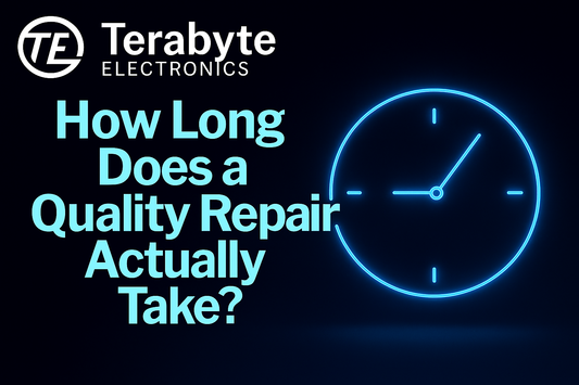 Neon blue clock symbolizing repair time precision – Terabyte Electronics blog image for ‘How Long Does a Quality Repair Actually Take?’