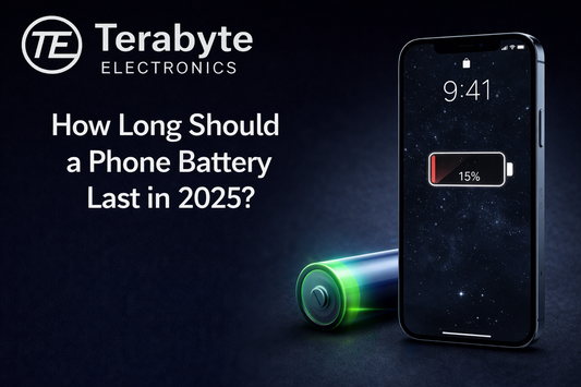 Phone showing low battery level with battery icon illustrating how long a phone battery should last in 2025, by Terabyte Electronics