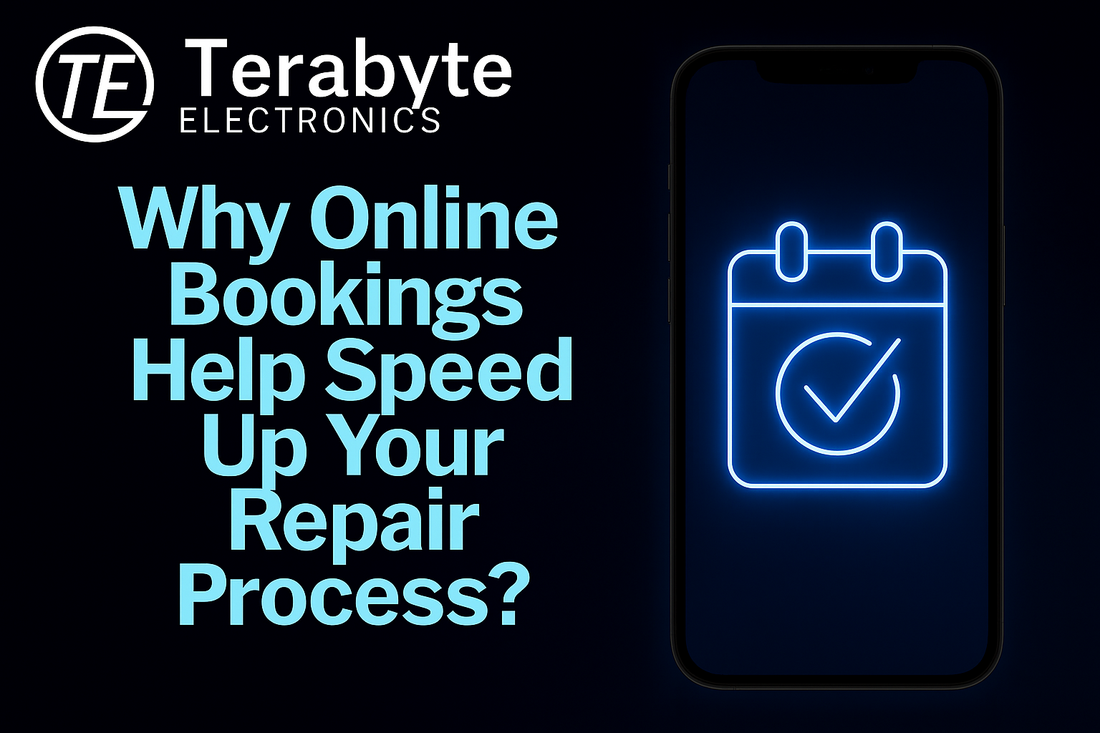 Why Online Bookings Help Speed Up Your Repair Process – Terabyte Electronics blog image showing a glowing calendar icon on a smartphone screen, promoting fast repair scheduling.