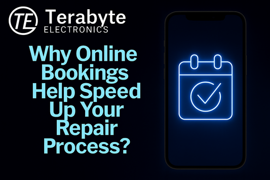 Why Online Bookings Help Speed Up Your Repair Process – Terabyte Electronics blog image showing a glowing calendar icon on a smartphone screen, promoting fast repair scheduling.