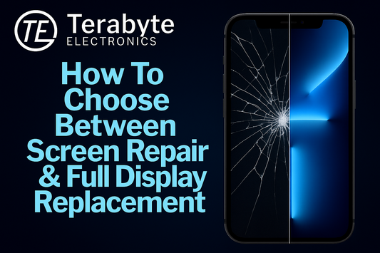 How to choose between screen repair and full display replacement – split iPhone image showing cracked glass on one side and a fully restored display on the other, created for Terabyte Electronics blog.