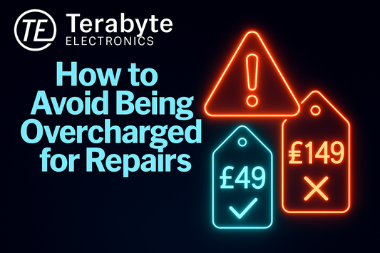 Neon warning icons and price tags showing fair vs overpriced repair costs – Terabyte Electronics guide on how to avoid being overcharged for repairs.
