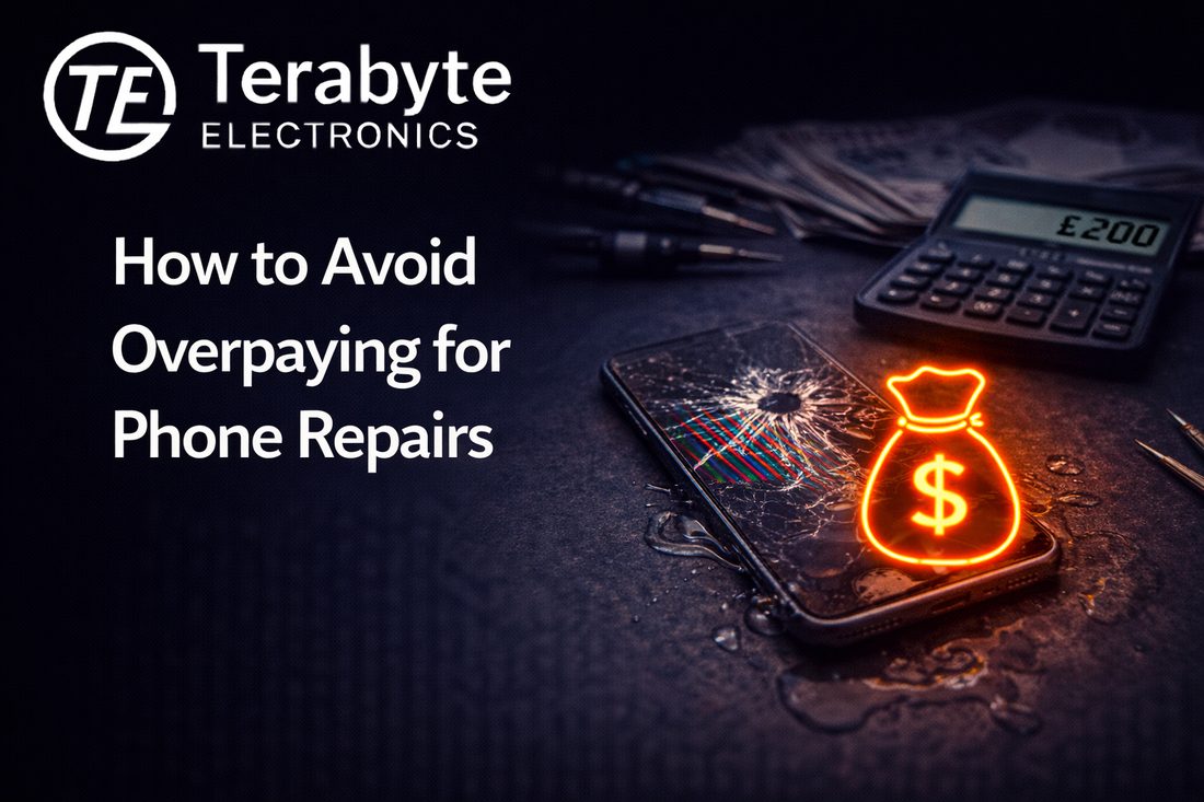 How to avoid overpaying for phone repairs, showing a cracked smartphone, calculator with repair cost, and money icon to highlight smart pricing tips from Terabyte Electronics