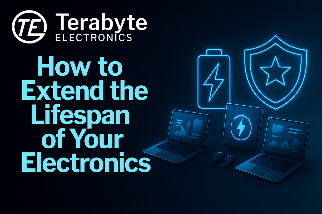 Premium digital graphic showing laptops, tablets, and phones with glowing neon-blue icons of a battery and shield, illustrating the blog “How to Extend the Lifespan of Your Electronics” by Terabyte Electronics.