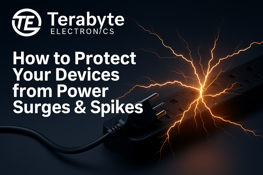 Terabyte Electronics blog image showing a power plug and surge protector emitting electric sparks, illustrating how to protect electronic devices from power surges and voltage spikes.