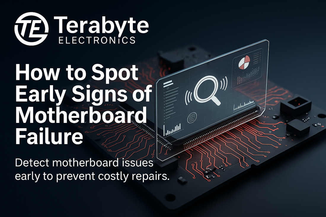 Terabyte Electronics blog image showing a futuristic motherboard with glowing red circuits and a holographic diagnostics screen, illustrating the concept of detecting early signs of motherboard failure.