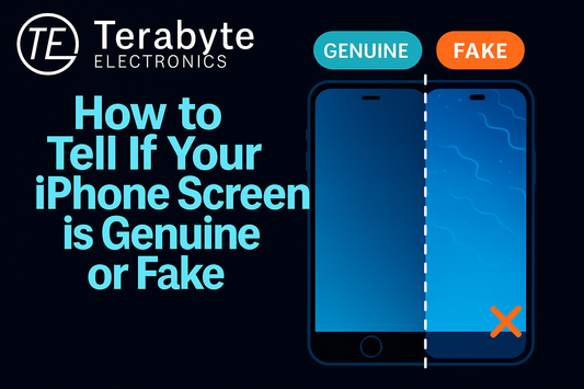 Comparison of genuine vs fake iPhone screen – Terabyte Electronics repair guide with split-screen visual.