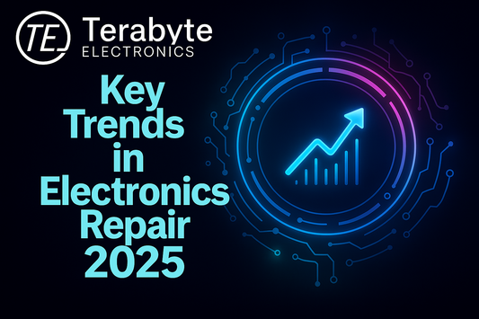 Key trends in electronics repair 2025 illustrated with neon circuit graphics and upward growth chart – Terabyte Electronics blog image.