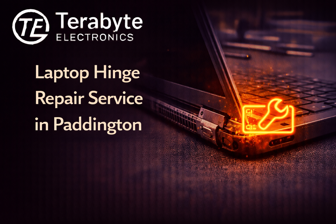 Laptop hinge repair service in Paddington – damaged laptop hinge close-up with repair icon by Terabyte Electronics London