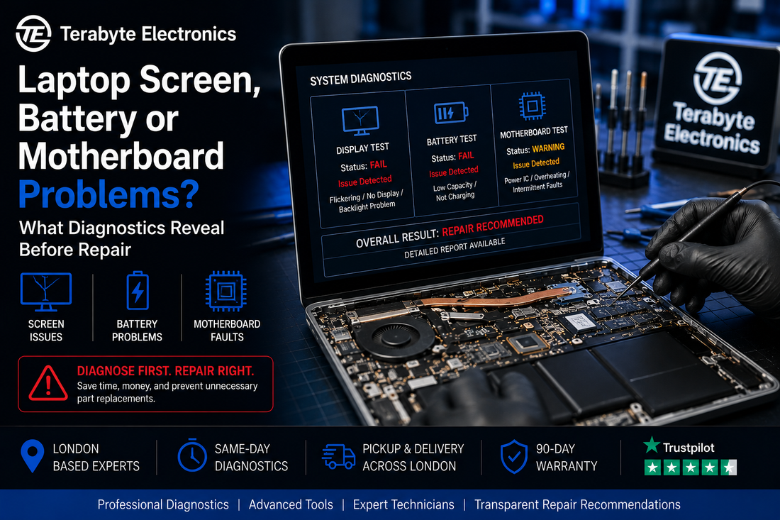 Step-by-step infographic showing professional laptop hardware diagnostics for screen flickering, rapid battery drain, and motherboard power faults in London.