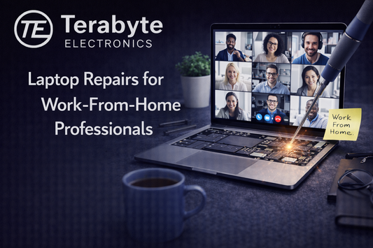 Laptop repairs for work-from-home professionals by Terabyte Electronics, showing a technician repairing a laptop used for virtual meetings and remote work.