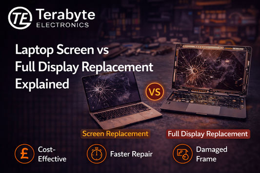 Comparison of laptop screen replacement vs full display replacement, showing cracked laptop screens, repair options, and cost differences explained by Terabyte Electronics