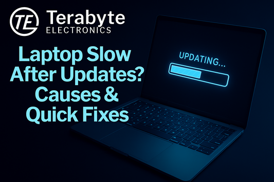 Laptop Slow After Updates? Causes & Quick Fixes – Terabyte Electronics blog cover showing a laptop with glowing update progress bar on screen, symbolizing performance repair and optimization.