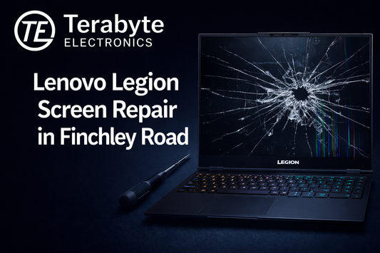 Lenovo Legion laptop screen repair in Finchley Road, showing cracked display and professional screen replacement service by Terabyte Electronics