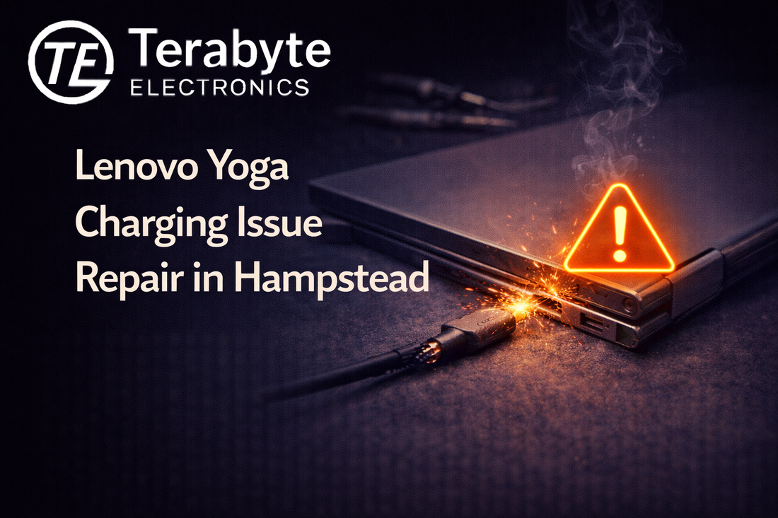 Lenovo Yoga laptop showing a charging port fault, with professional charging issue repair by Terabyte Electronics in Hampstead