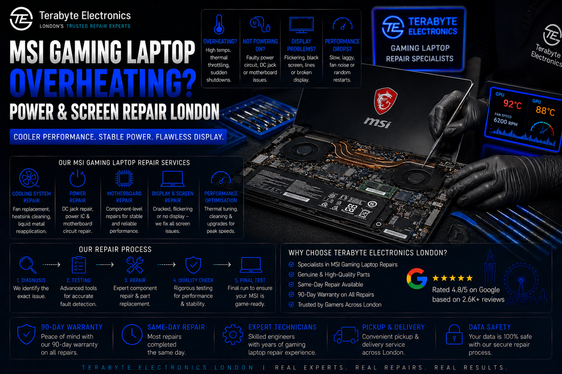 An electronics specialist using digital multimeters and precision tools to check the thermal system components and power rails on an open gaming laptop motherboard.