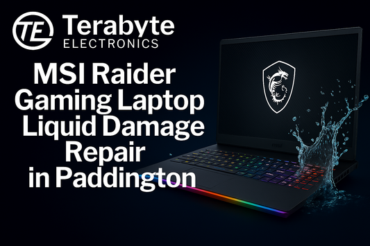 MSI Raider gaming laptop with visible liquid spill effect and RGB lighting – Terabyte Electronics blog image for 'MSI Raider Gaming Laptop Liquid Damage Repair in Paddington'.