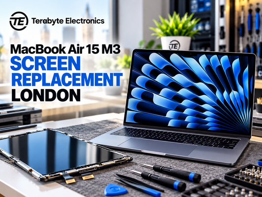 Conceptual diagram showing a 15-inch M3 MacBook Air display assessment at Terabyte Electronics London workshop