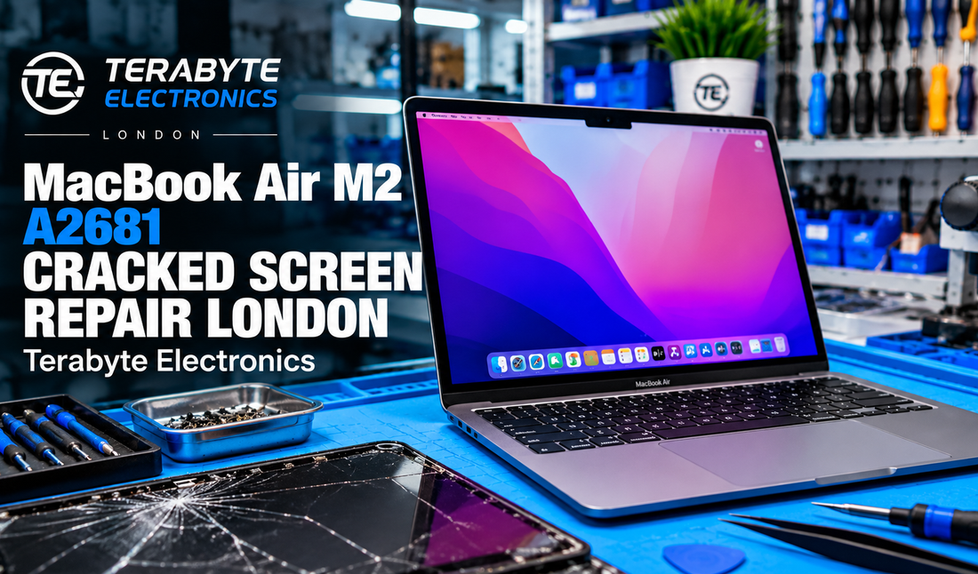 MacBook Air M2 A2681 cracked screen before and after display repair at Terabyte Electronics London