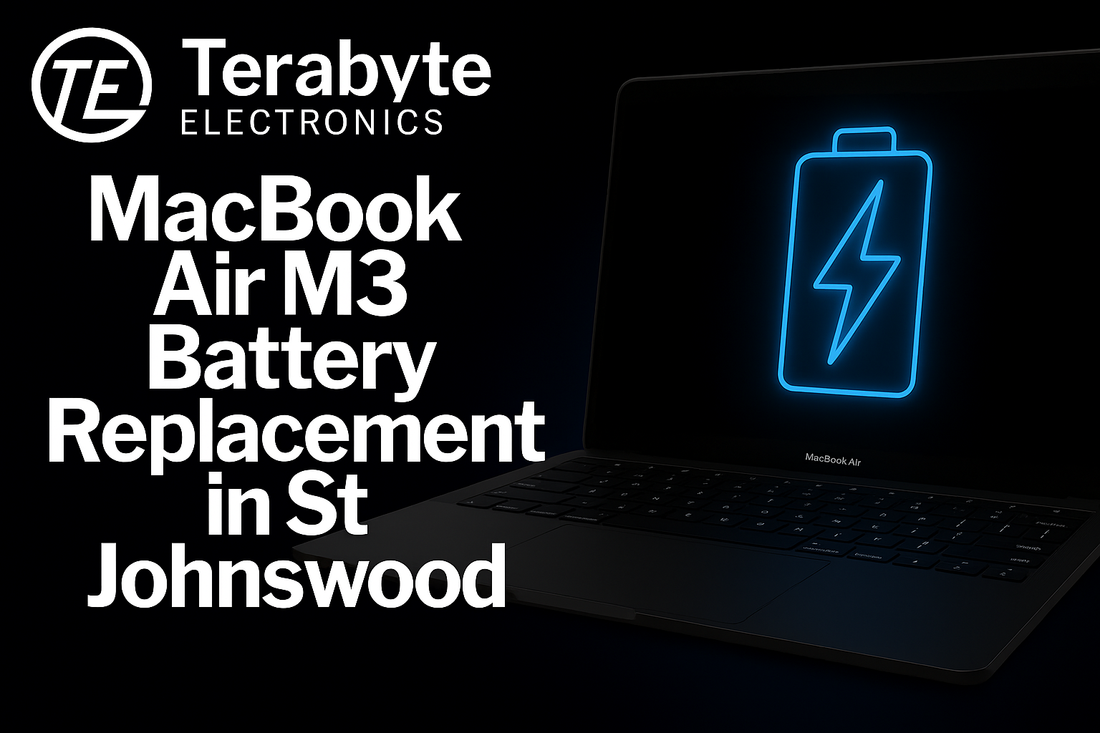 MacBook Air M3 laptop with a glowing blue battery icon, representing professional battery replacement services by Terabyte Electronics in St Johnswood.