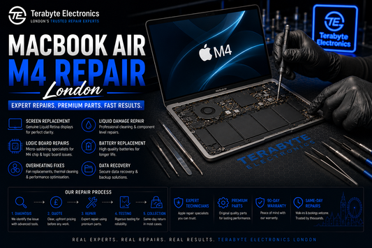 An electronics engineer using precise diagnostic multimeters to trace voltage rails on an open MacBook Air M4 logic board at an anti-static workbench, illustrating expert laptop repair in London.