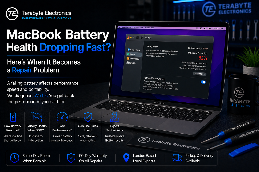 MacBook battery health repair near me in London fixing fast battery drain overheating and charging issues