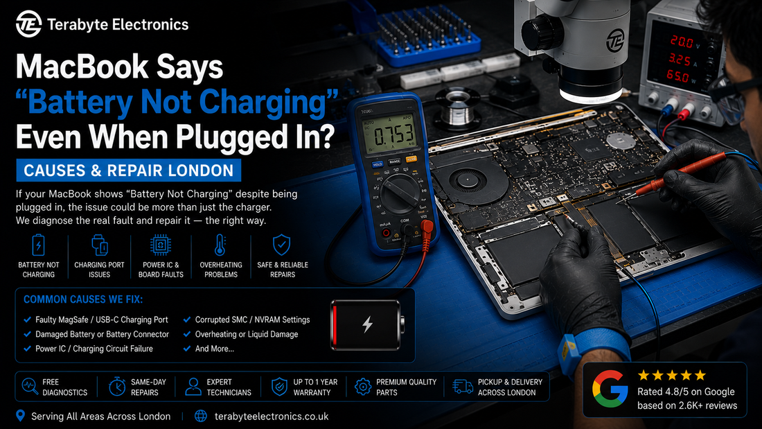 An electronics technician using a digital multimeter to test voltage tracking along an open MacBook battery flex connector.