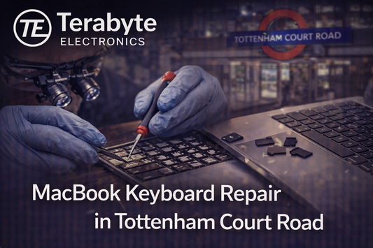 MacBook keyboard repair in Tottenham Court Road by Terabyte Electronics showing technician fixing damaged keys with precision tools