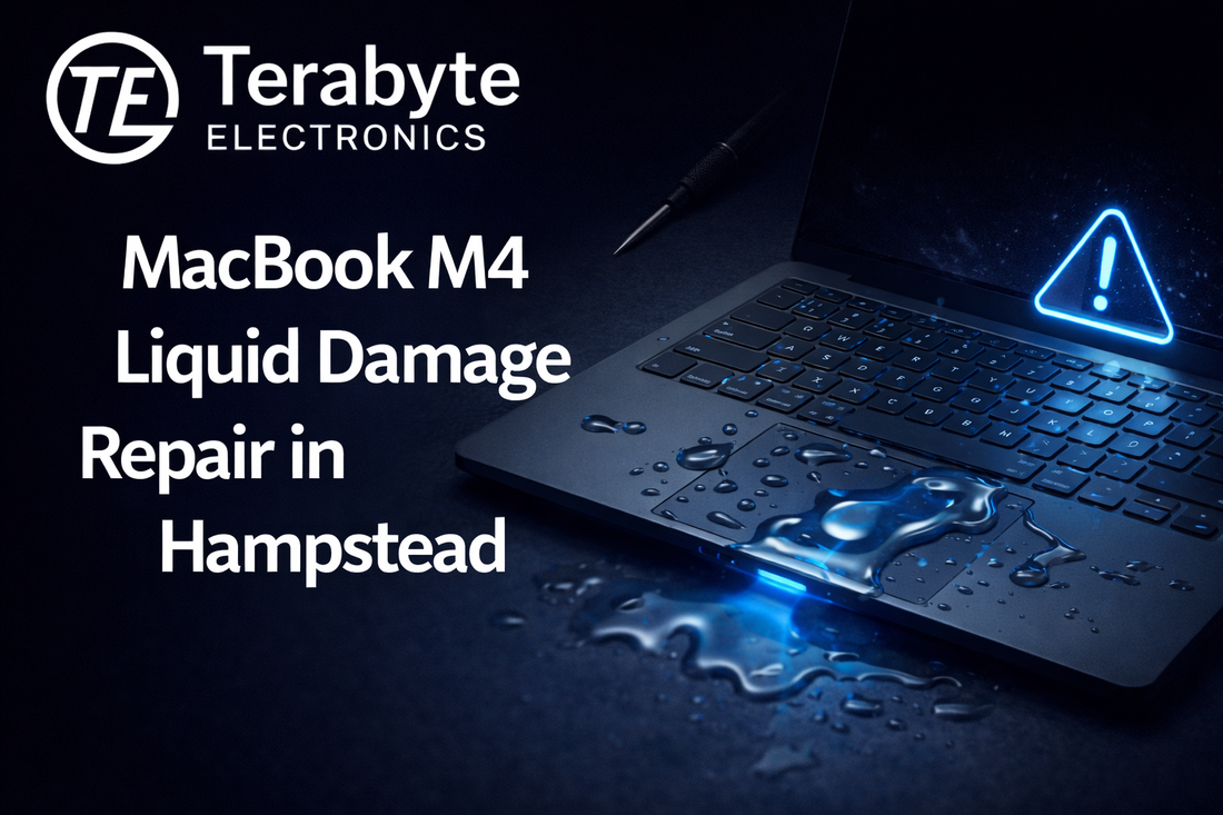 MacBook M4 liquid damage repair in Hampstead, showing water spill on keyboard handled by Terabyte Electronics technicians.