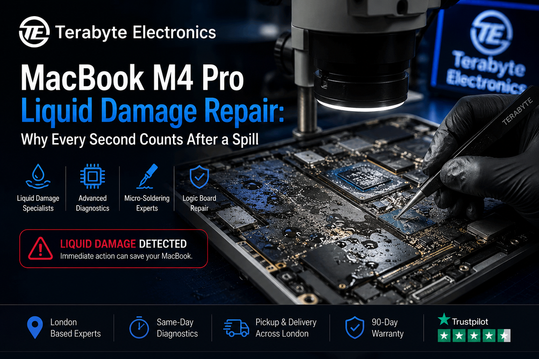 Professional technician performing expert MacBook M4 Pro liquid damage repair, ultrasonic cleaning, and micro-soldering diagnostics at Terabyte Electronics in London.