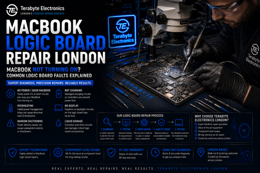 An electronics engineer using an advanced micro-soldering iron under a lab microscope to replace a failed power delivery integrated circuit chip on a MacBook logic board repair London.