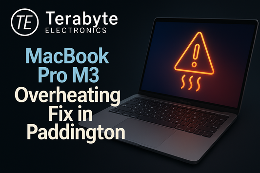 MacBook Pro M3 overheating fix in Paddington — Terabyte Electronics repair image showing heat warning sign on laptop screen.