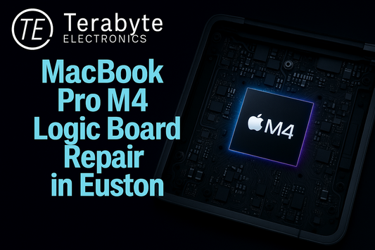 MacBook Pro M4 logic board repair in Euston – detailed motherboard view with glowing M4 chip illustration by Terabyte Electronics.
