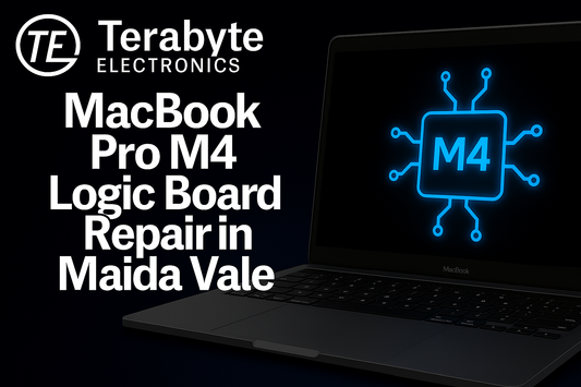 MacBook Pro M4 laptop with glowing blue logic board chip icon, representing logic board repair services by Terabyte Electronics in Maida Vale.